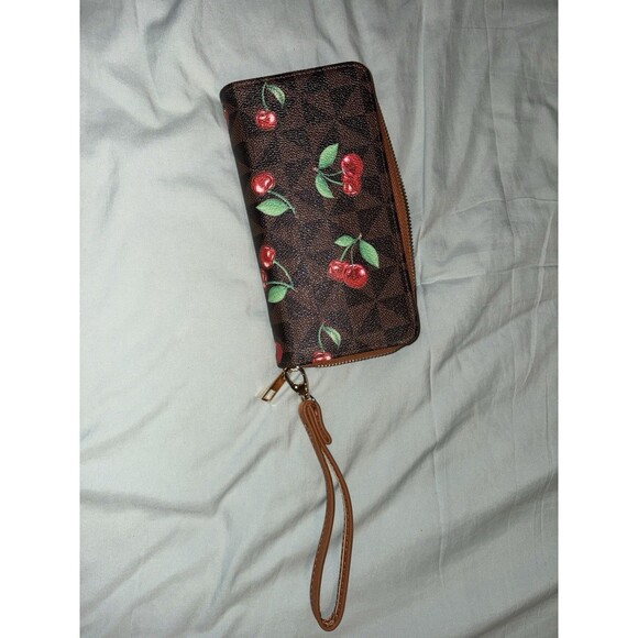 Cherry Print Brown Inspired Wristlet Wallet Nwot Fruit Fashion Purse - Picture 5 of 8